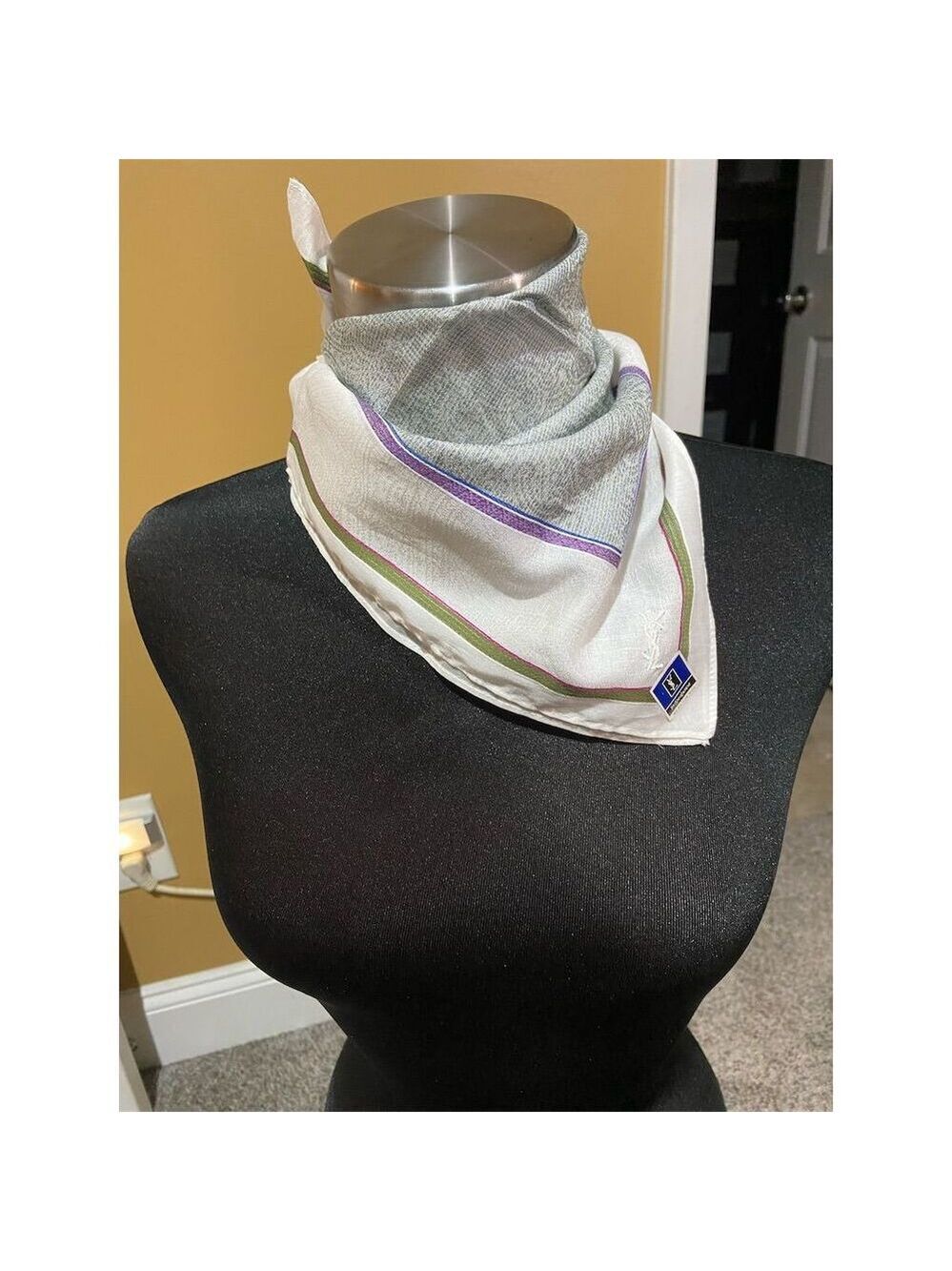 Yves Saint Laurent Unisex Silk Scarf Gray Purple Plaid Square Luxury